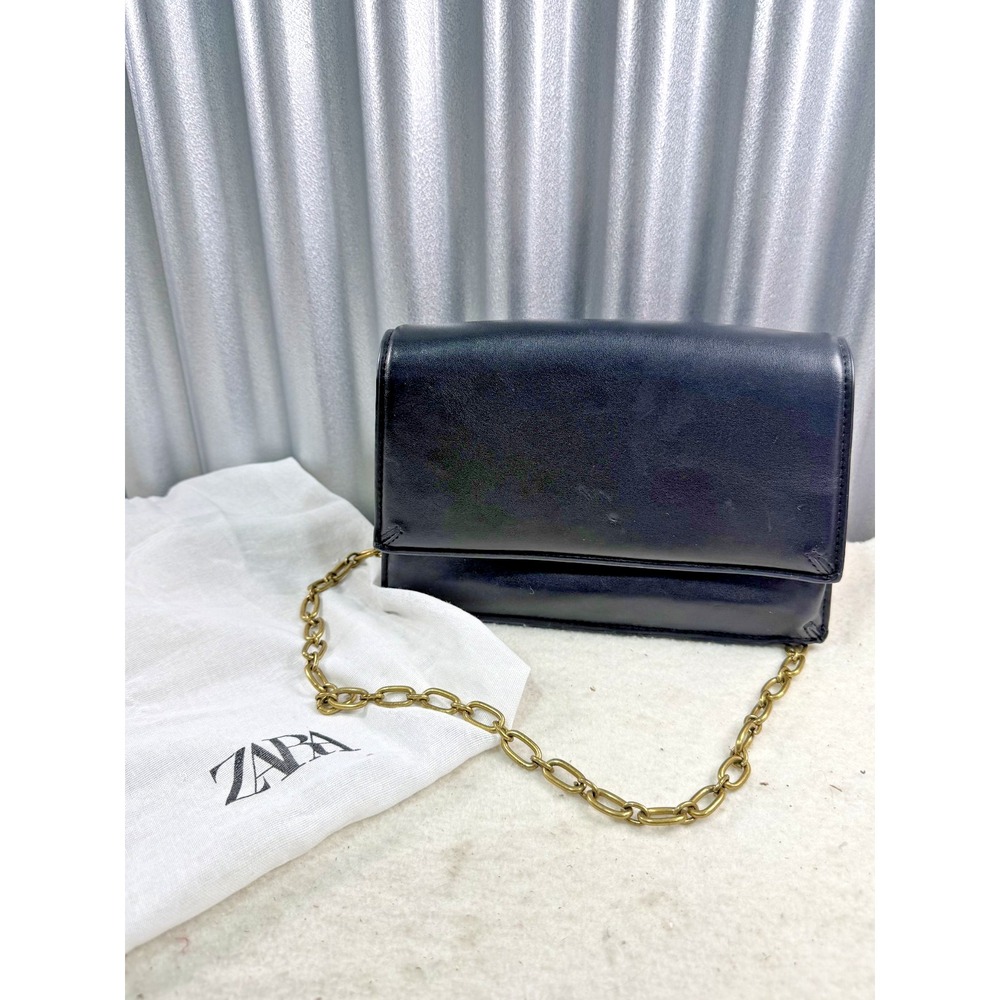 ZARA Black Flap Crossbody Bag Gols Chain Shoulder Purse w Dust Bag
